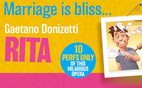 Poster for Gaetano Donizetti's opera 'Rita' with comedic illustration and text highlighting limited performances.