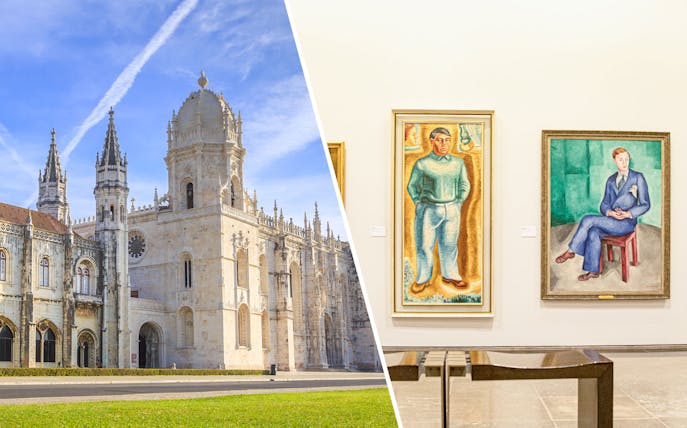 Jerónimos Monastery exterior and paintings at National Museum of Contemporary Art, Lisbon.