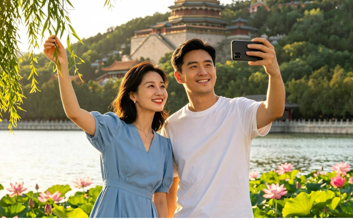 Guests taking a selfie at the Summer Palace, Beijing, during Badaling Great Wall Day Tour.