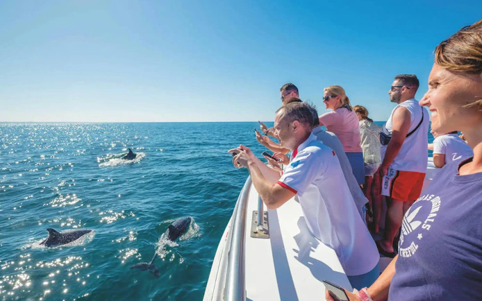 Tourists on catamaran watching dolphins near Benagil Caves.
