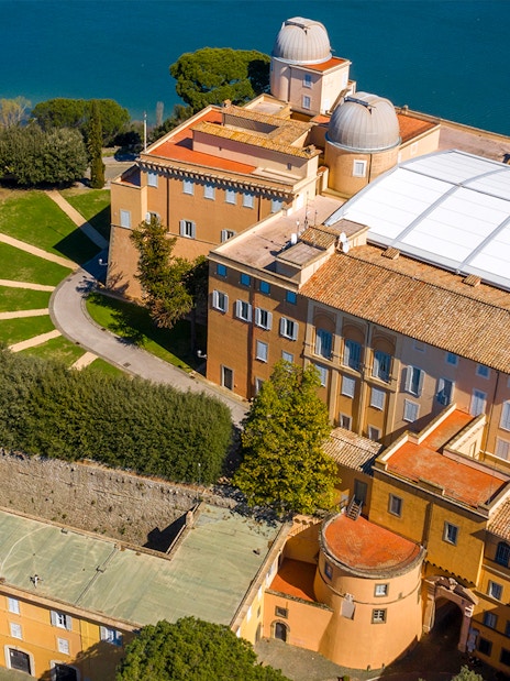 Aerial view of Castel Gandolfo's Apostolic Palace and gardens near Lake Albano, Italy.