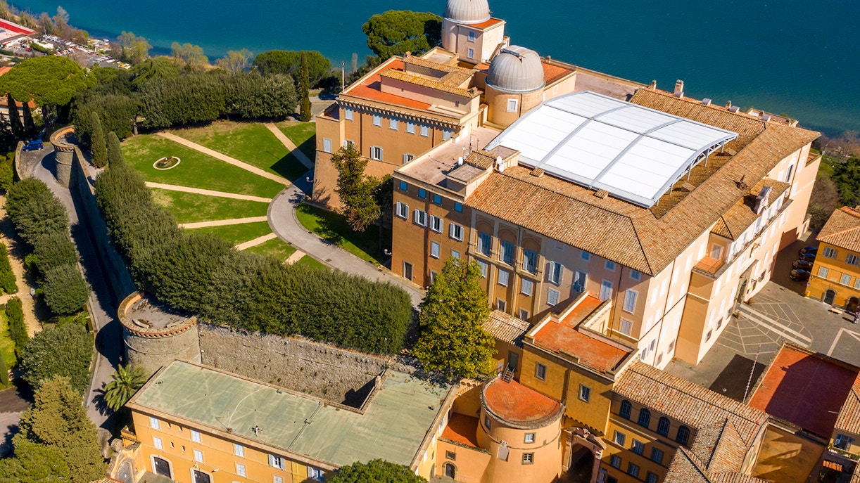 Aerial view of Castel Gandolfo's Apostolic Palace and gardens near Lake Albano, Italy.