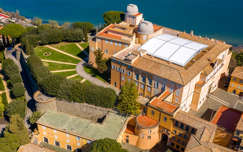Aerial view of Castel Gandolfo's Apostolic Palace and gardens near Lake Albano, Italy.