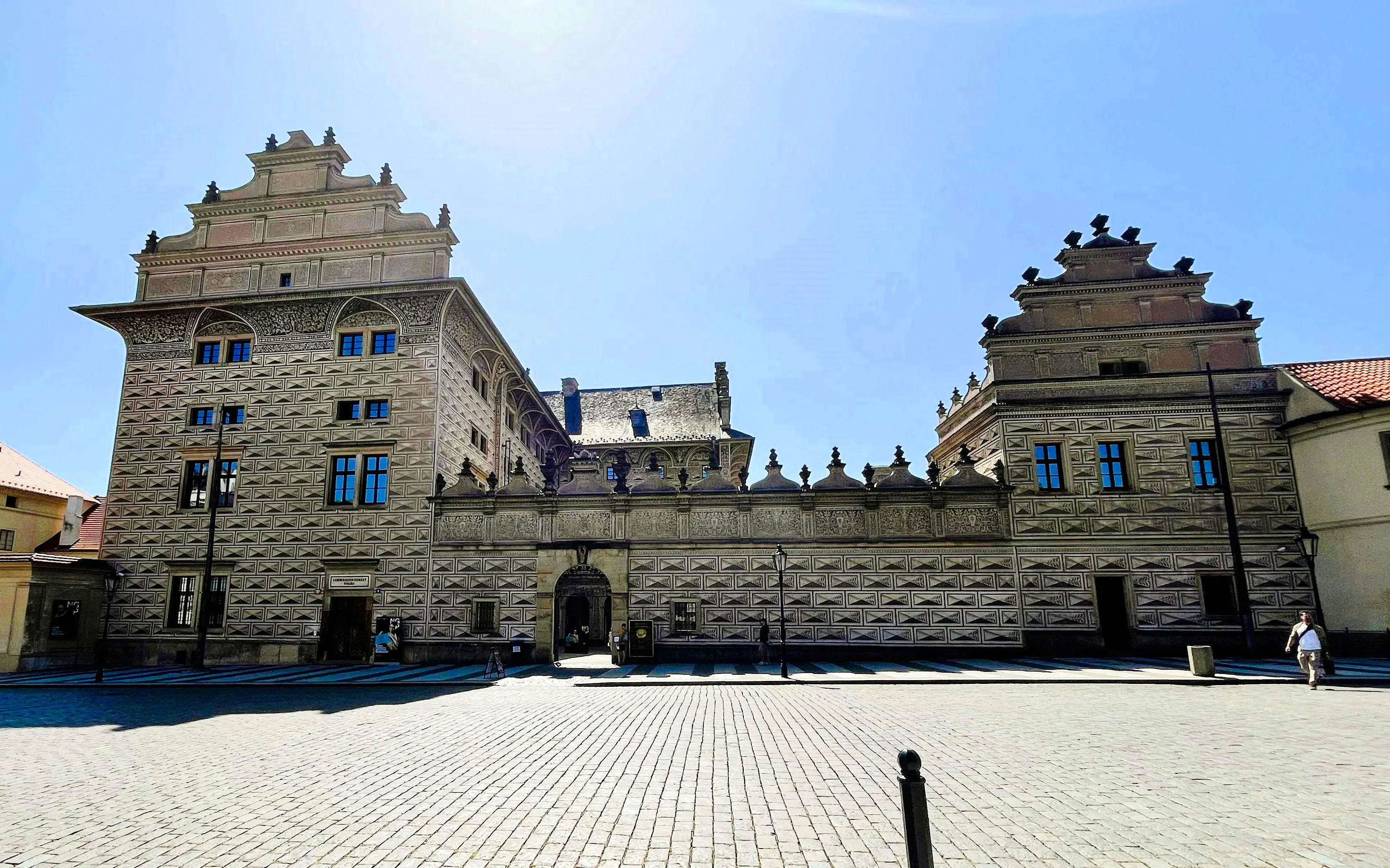 Schwarzenberg Palace on Hradčany Square, Prague, showcasing Renaissance architecture.