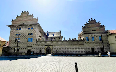 Schwarzenberg Palace on Hradčany Square, Prague, showcasing Renaissance architecture.