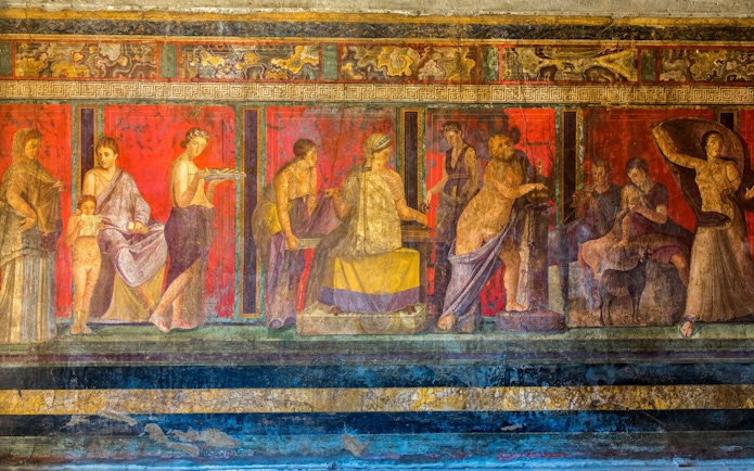 Fresco in Room 5 of the Villa of the Mysteries, Pompeii, depicting a Dionysian ritual scene.