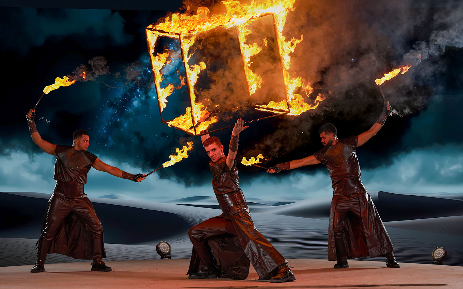 Fire performers at Noble Camp Desert Safari showcasing live entertainment.