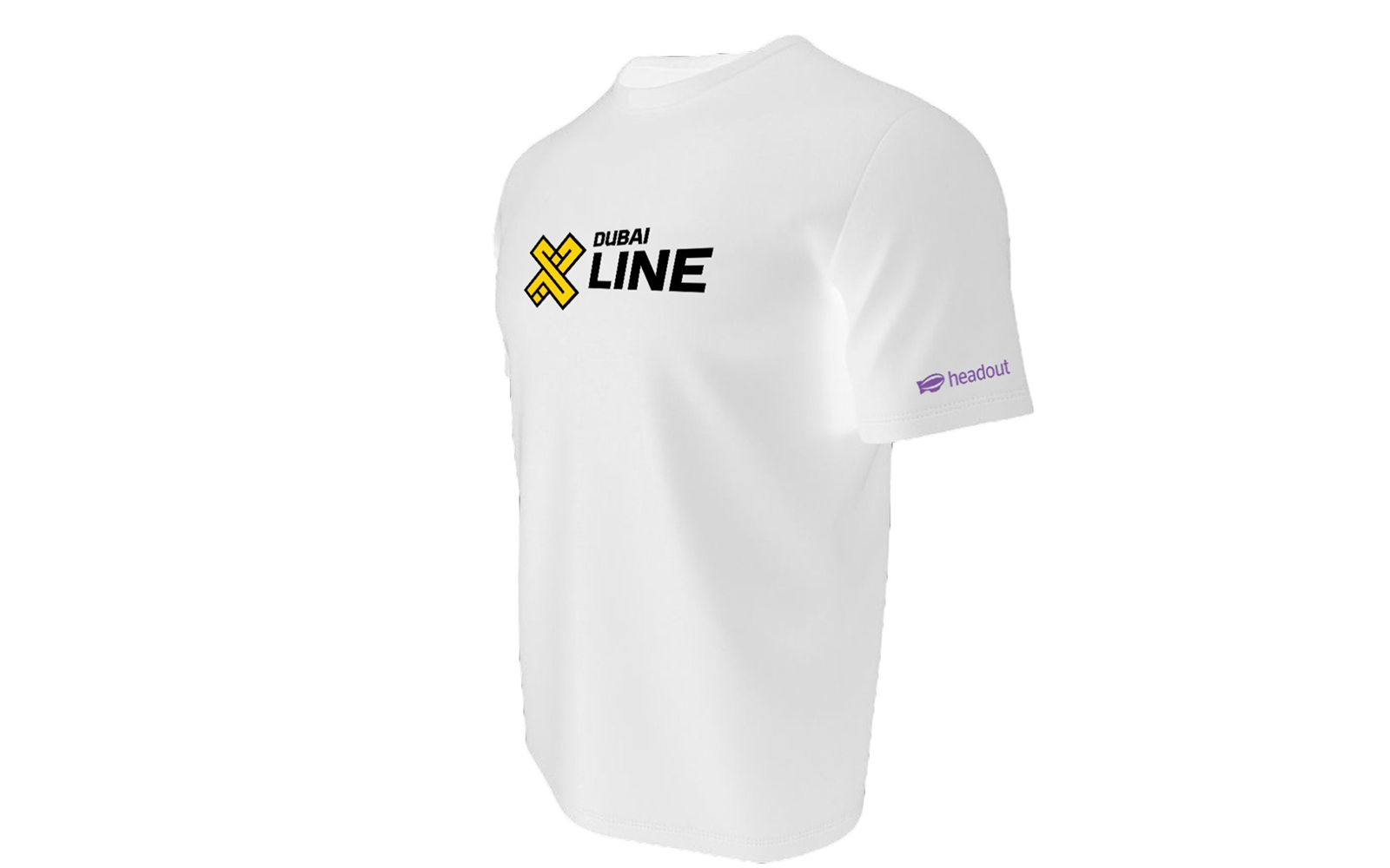 White T-shirt with XLine Dubai Marina logo and Headout branding.