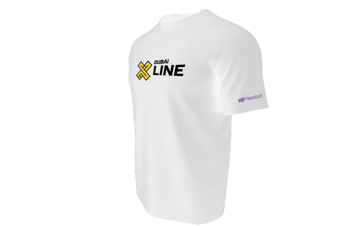 White T-shirt with XLine Dubai Marina logo and Headout branding.