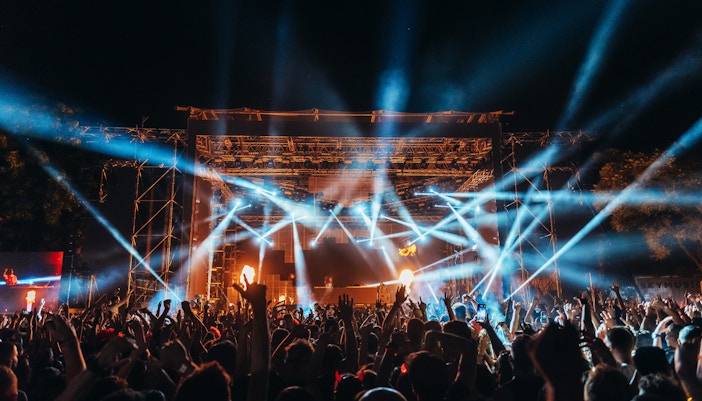 Crowd enjoying live performance at Sziget music festival, Budapest, Hungary.