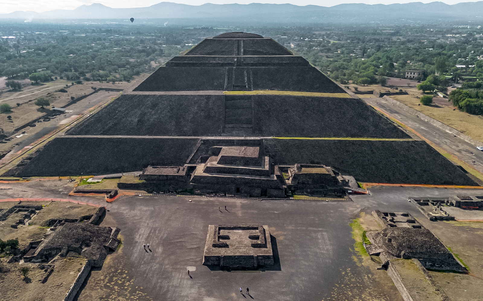 Pyramid of the Sun in Teotihuacan, Mexico, viewed from above with surrounding landscape.
