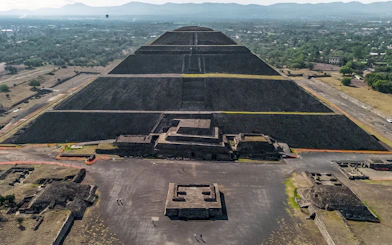 Pyramid of the Sun in Teotihuacan, Mexico, viewed from above with surrounding landscape.