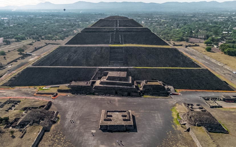 Pyramid of the Sun in Teotihuacan, Mexico, viewed from above with surrounding landscape.