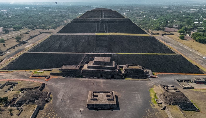 Pyramid of the Sun in Teotihuacan, Mexico, viewed from above with surrounding landscape.