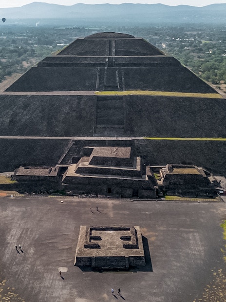 Pyramid of the Sun in Teotihuacan, Mexico, viewed from above with surrounding landscape.