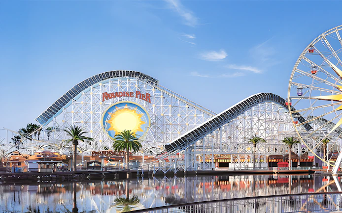 Paradise Pier roller coaster and Mickey Ferris Wheel at Disneyland Adventure Park, California.