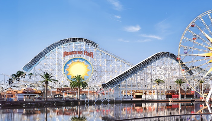 Paradise Pier roller coaster and Mickey Ferris Wheel at Disneyland Adventure Park, California.