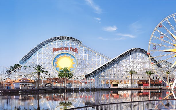 Paradise Pier roller coaster and Mickey Ferris Wheel at Disneyland Adventure Park, California.