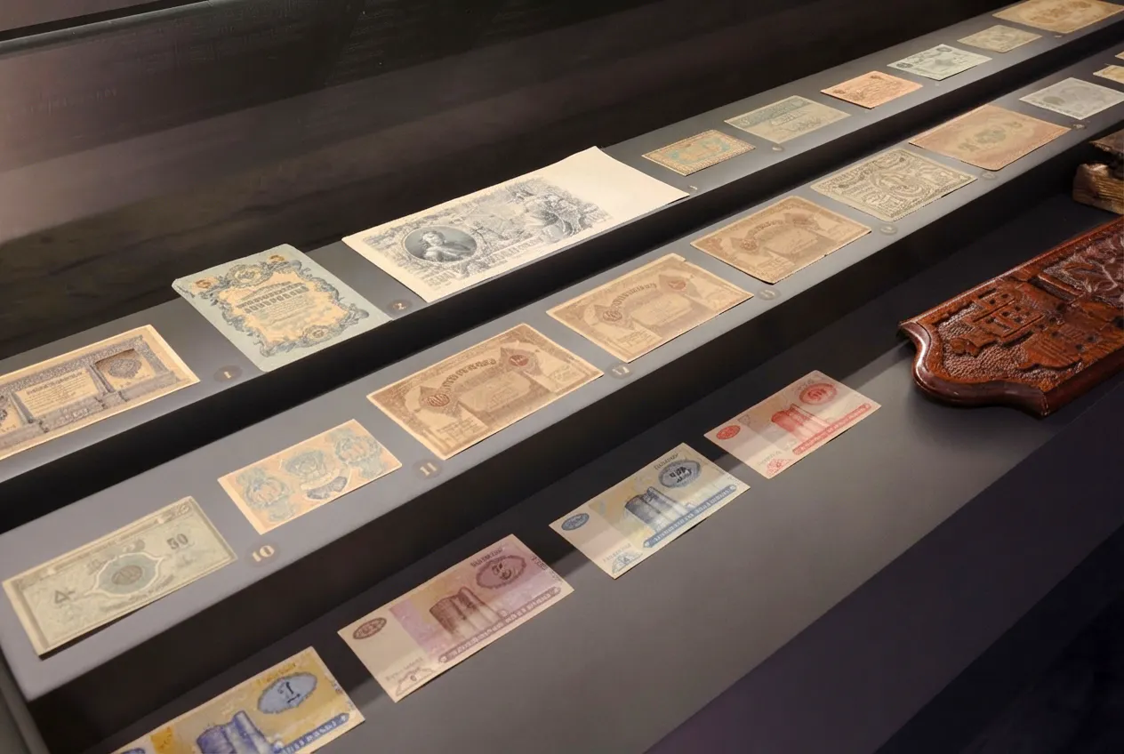 Banknotes displayed at the Museum of Numismatics in Baku during a guided tour.