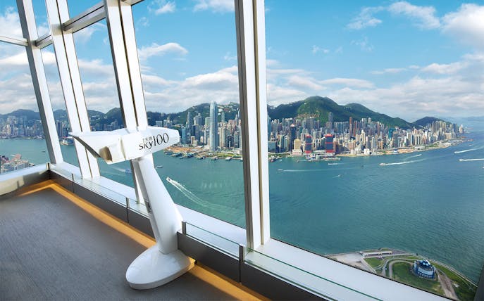 Sky100 Observation Deck view of Hong Kong skyline and Victoria Harbour.