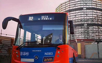 Naples city bus near construction site, offering round-trip tickets to/from Naples Airport.