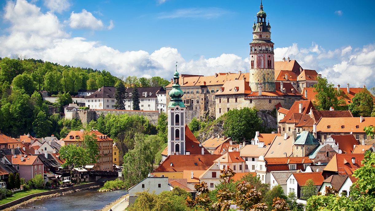 Český Krumlov Castle exterior with Vltava River in Český Krumlov, Czech Republic.
