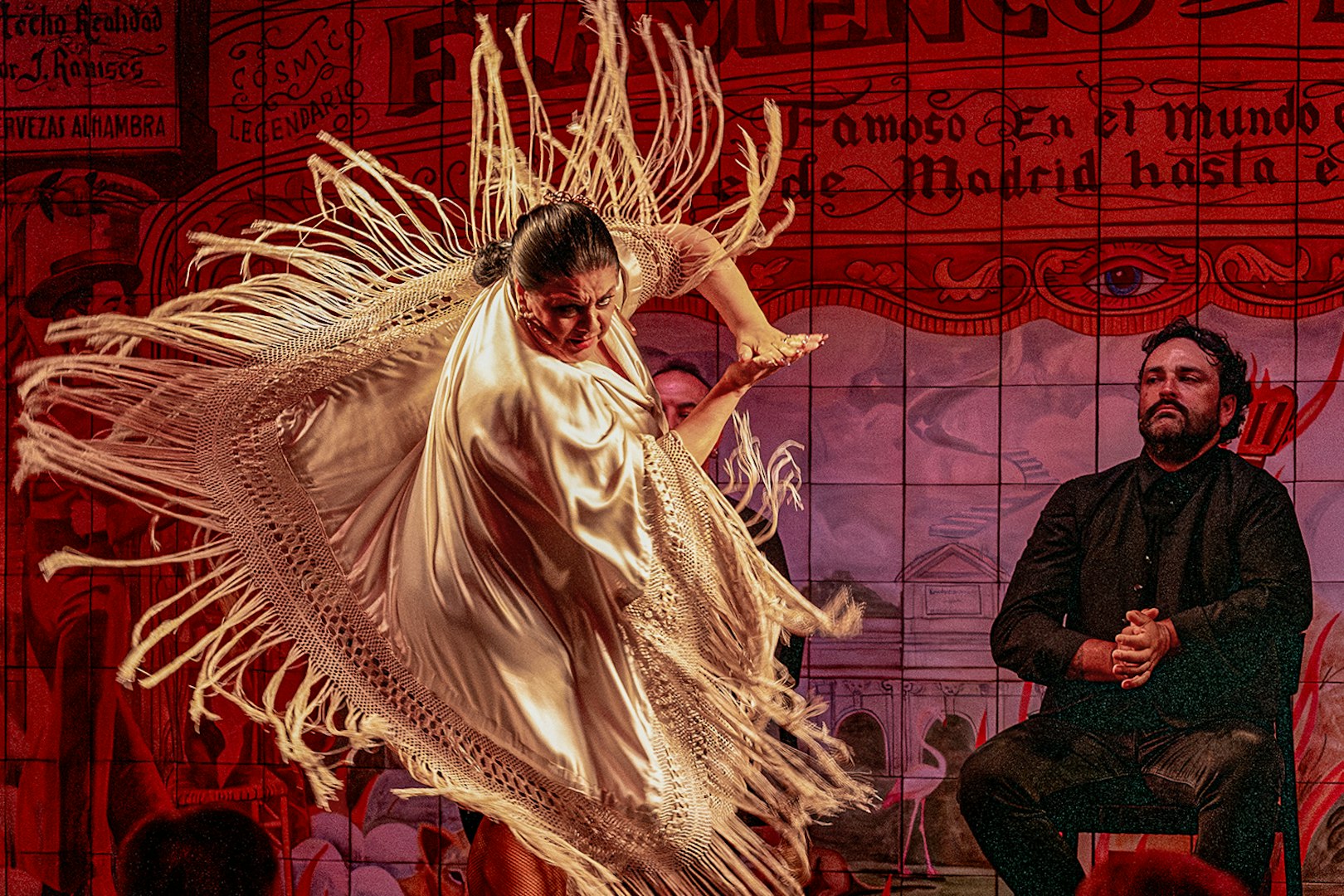 Flamenco dancer performing with shawl at Flamenco De Leones Show.