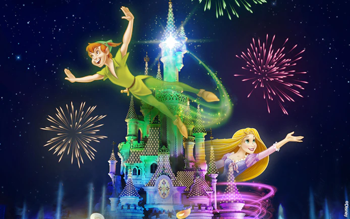 Fireworks over a castle with animated characters flying, Disneyland Paris.