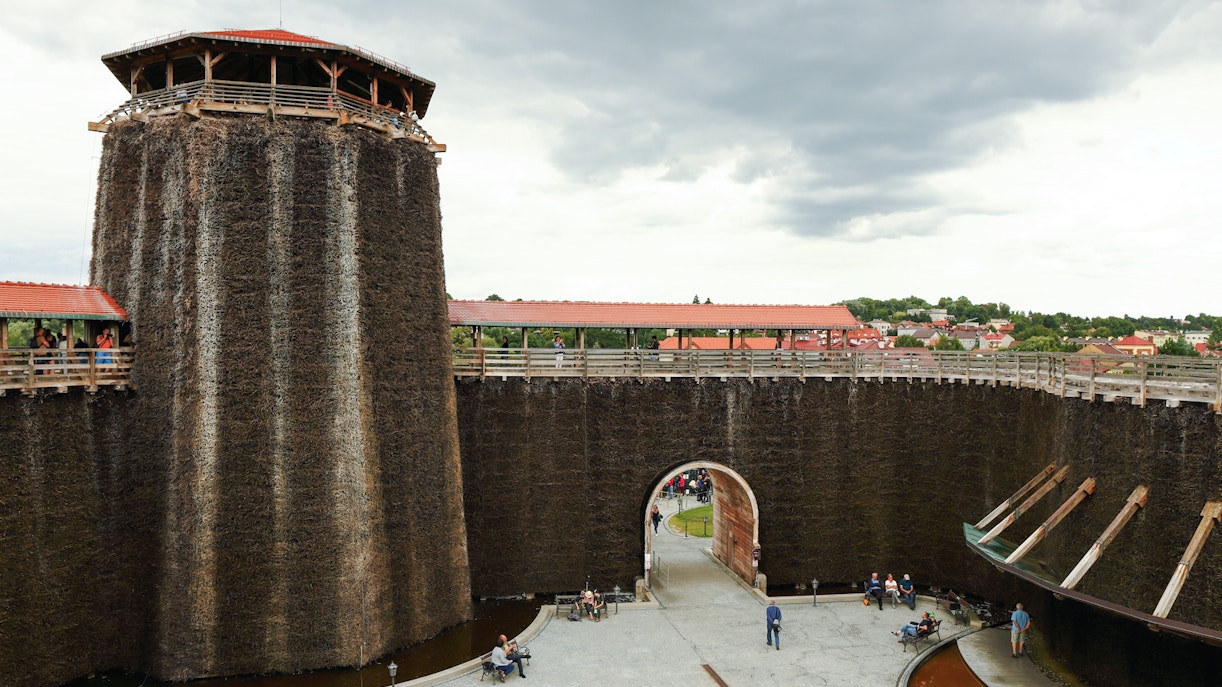 Brine Graduation Tower interior with cascading saltwater in Wieliczka, Poland.