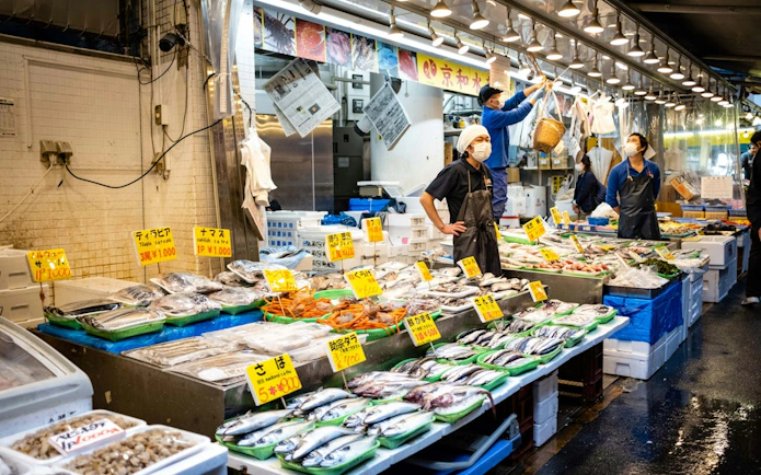 Tsukiji fish market vendors displaying fresh seafood in Tokyo.