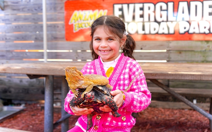 Child holding a lizard and turtle at Everglades Holiday Park animal encounter.