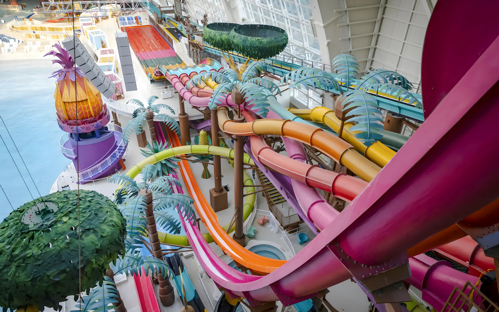 Colorful water slides at Thrillagascar & Jungle Jammer, Nickelodeon Universe, American Dream.
