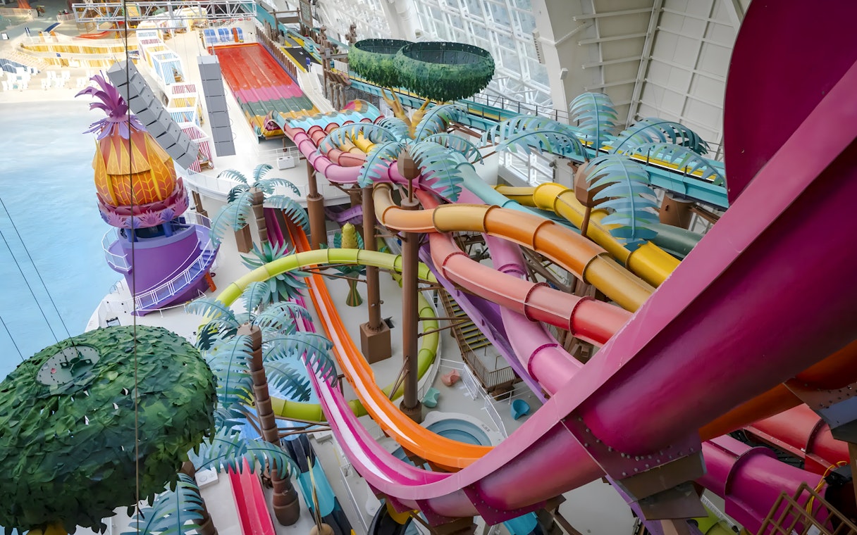 Colorful water slides at Thrillagascar & Jungle Jammer, Nickelodeon Universe, American Dream.