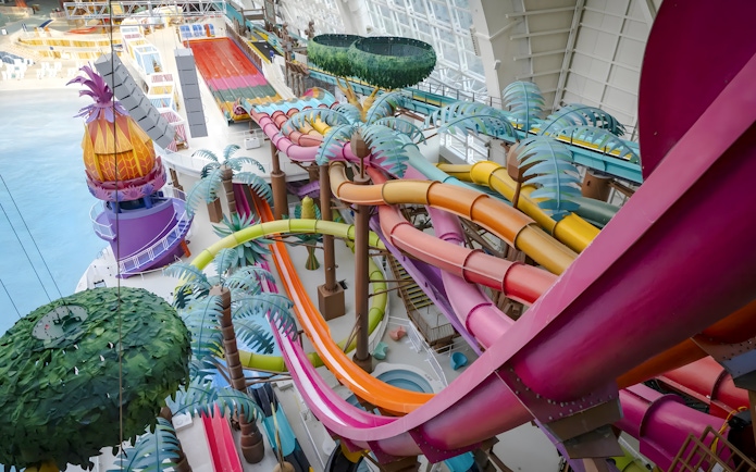 Colorful water slides at Thrillagascar & Jungle Jammer, Nickelodeon Universe, American Dream.