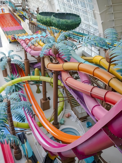Colorful water slides at Thrillagascar & Jungle Jammer, Nickelodeon Universe, American Dream.