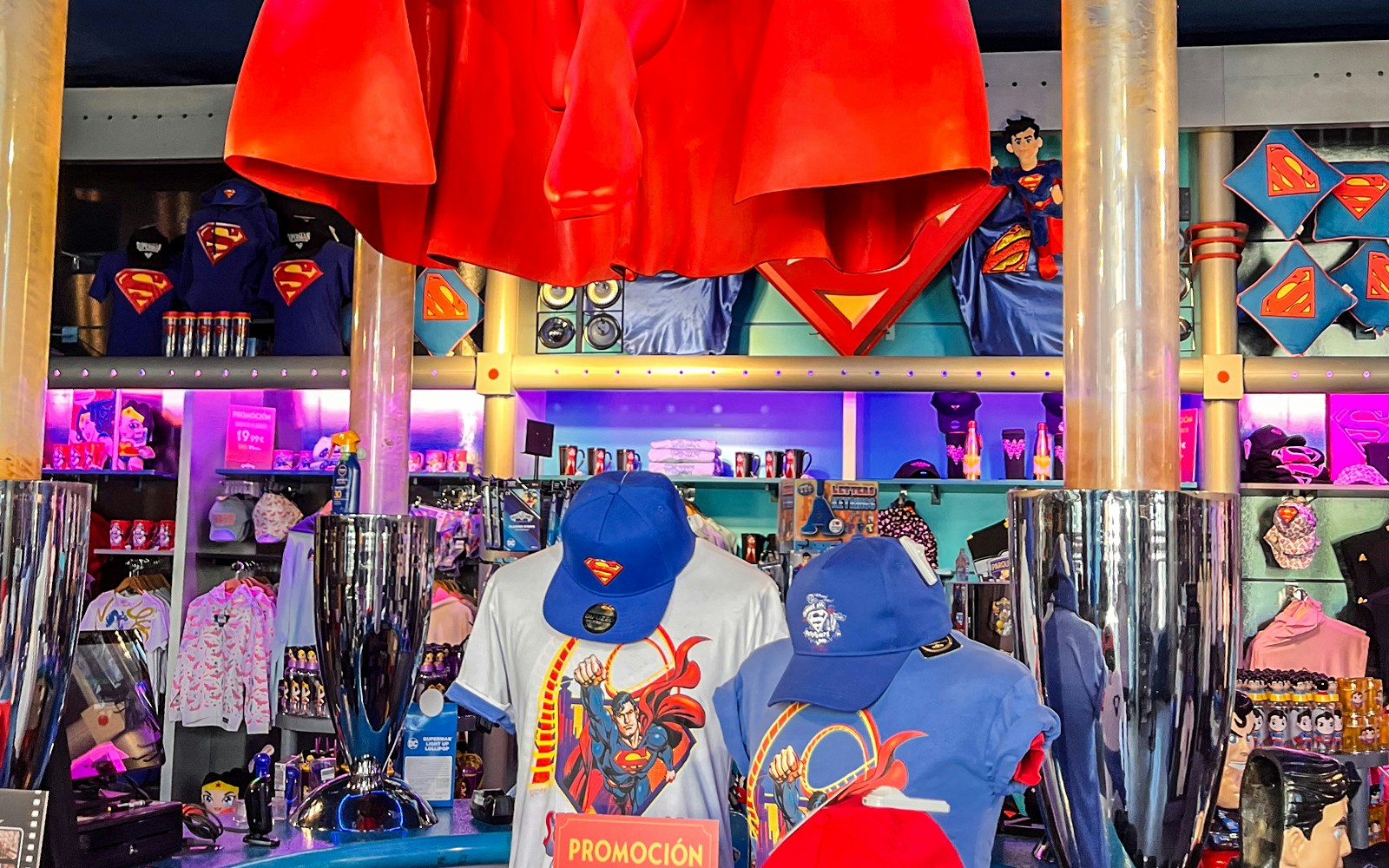 Superman merchandise display at Parque Warner store, Madrid, Spain.