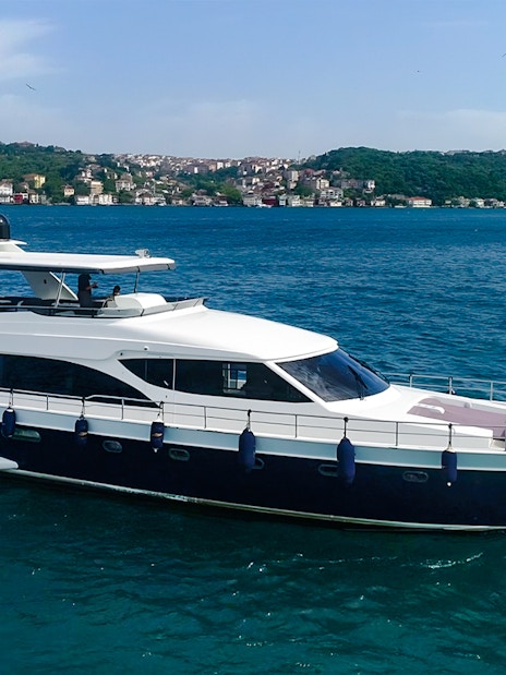 Bosphorus yacht cruising with Istanbul skyline in the background.