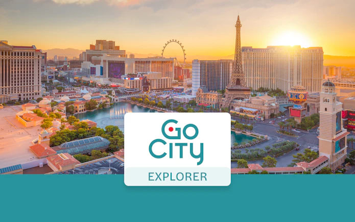 Las Vegas skyline with Eiffel Tower replica and Go City Explorer logo.