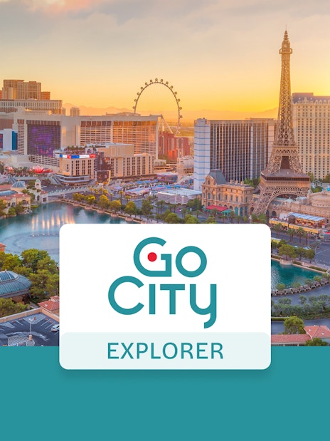 Las Vegas skyline with Eiffel Tower replica and Go City Explorer logo.