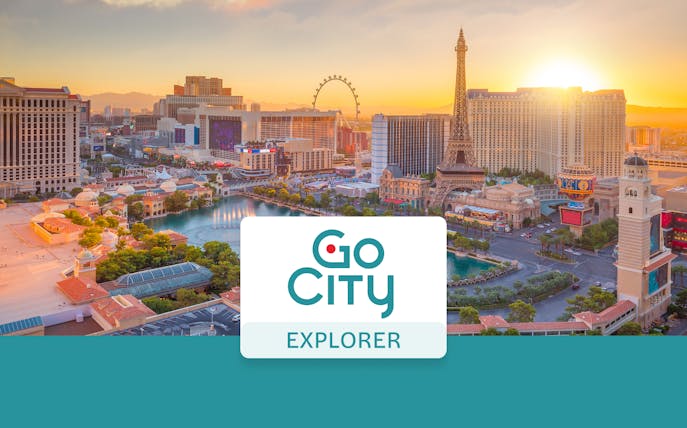 Las Vegas skyline with Eiffel Tower replica and Go City Explorer logo.