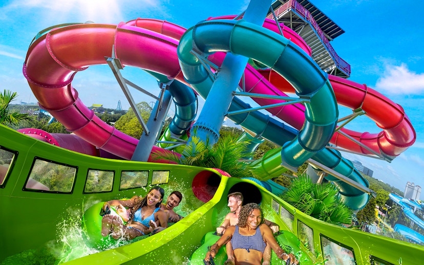Visitors enjoying a water slide at Aquatica Orlando with colorful tubes in the background.
