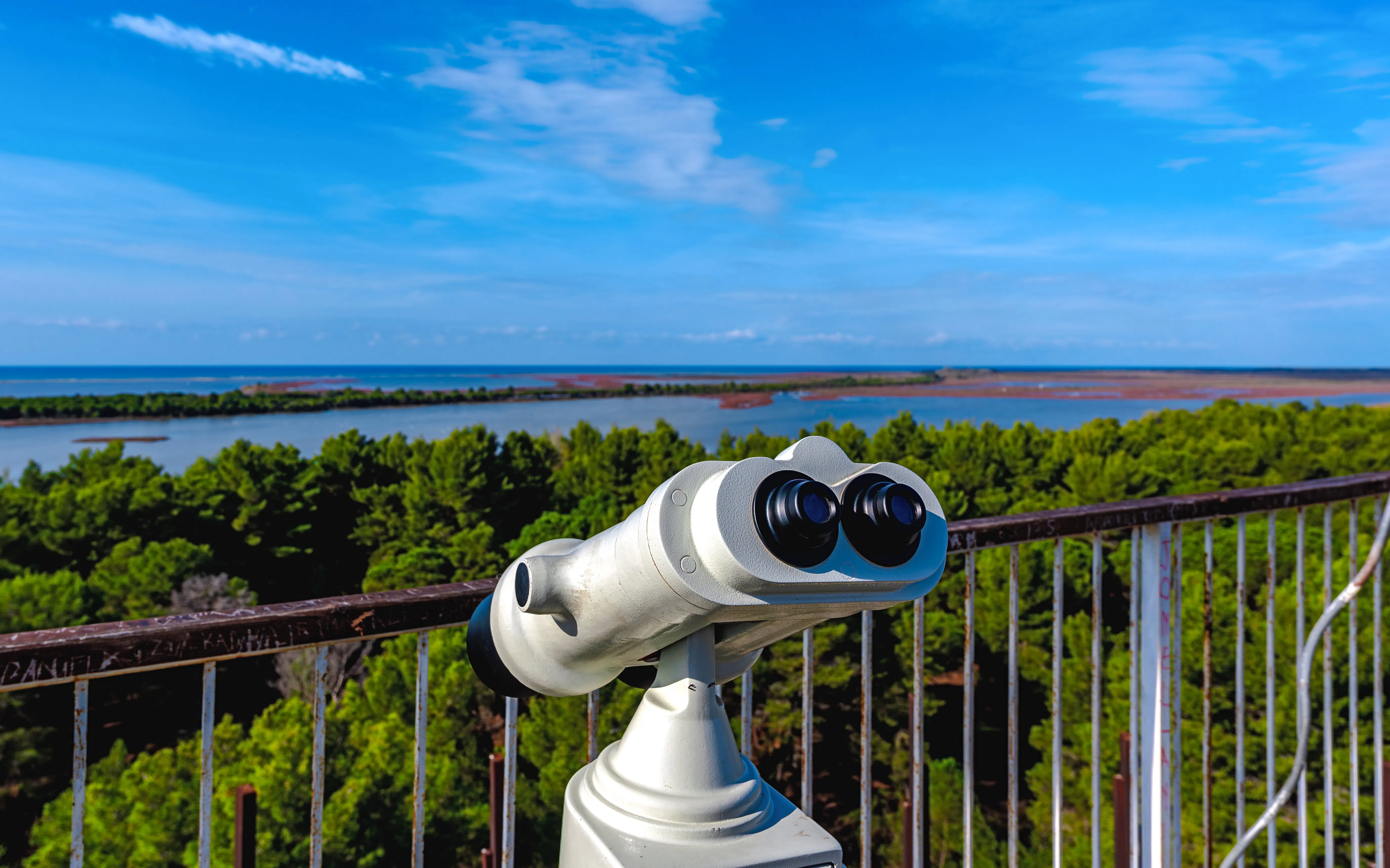Binoculars overlooking the Lagoon of Karavasta at Divjake-Karavasta National Park, Albania.