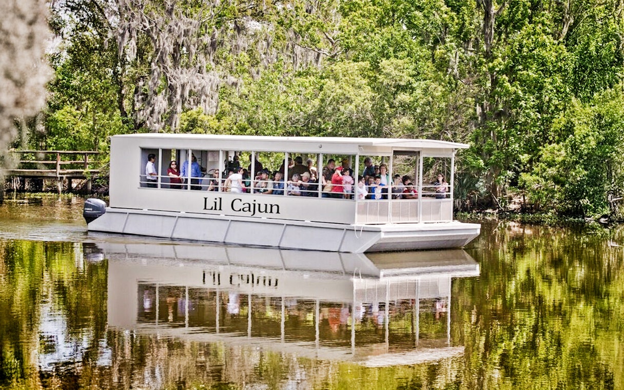 Swamp tour boat with tourists on a river surrounded by lush greenery.