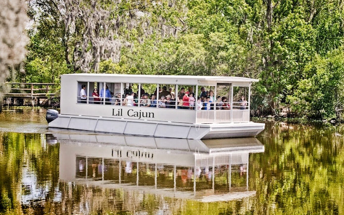 Swamp tour boat with tourists on a river surrounded by lush greenery.