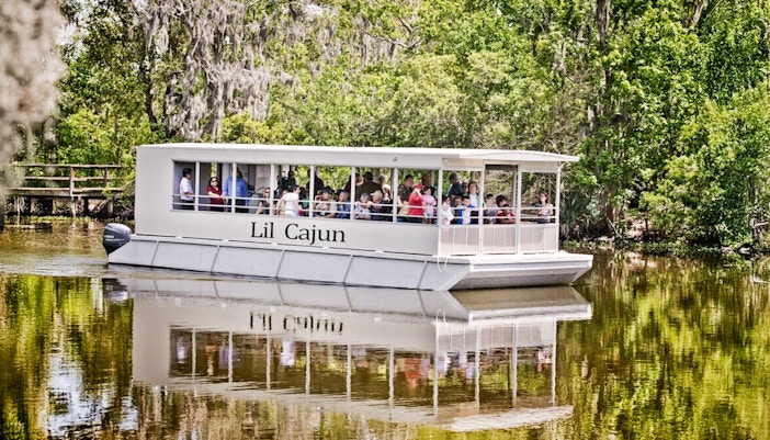Swamp tour boat with tourists on a river surrounded by lush greenery.