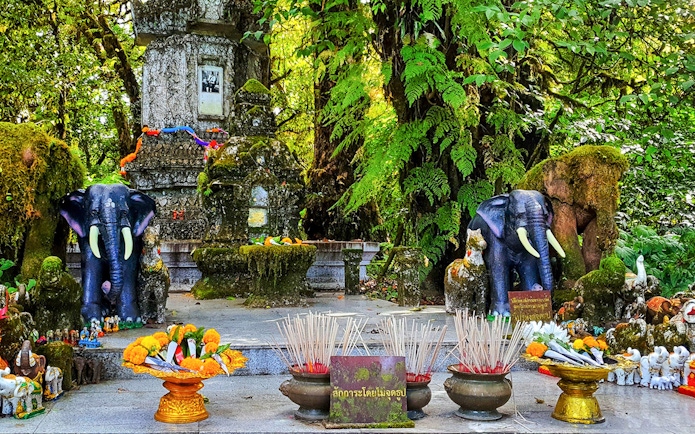 Forest shrine with elephant statues and offerings at Doi Inthanon National Park, Chiang Mai.