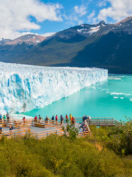 Viewing platform overlooking Perito Moreno Glacier and turquoise lake, Patagonia, Argentina.