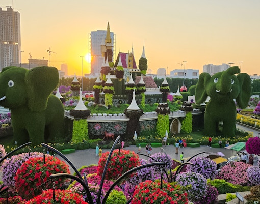 Dubai Miracle Garden with floral castle and elephant topiaries at sunset.