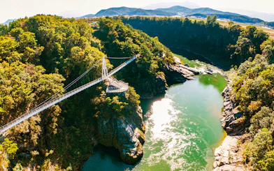 Suspension bridge over lush valley and river on DMZ 2nd Tunnel & Cliffside Path tour.