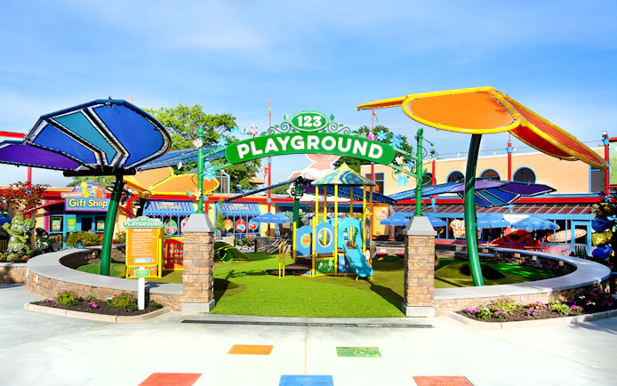 Playground entrance at Sesame Place Philadelphia with colorful play structures.